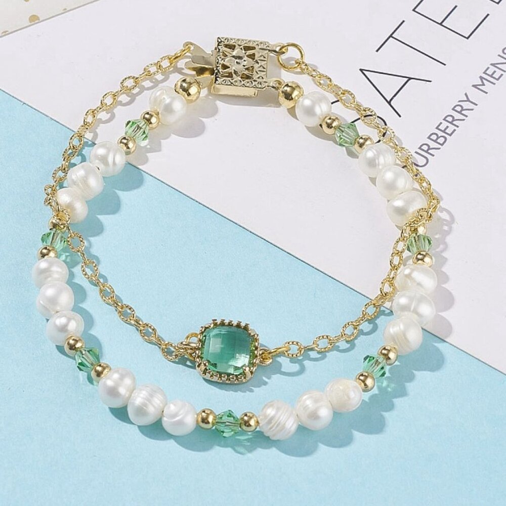 Natural Pearl & green glass Romantic Double Chain Bracelet Box Clasp Handmade